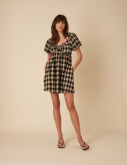 Black And Beige Check Puff Sleeve Mini Dress