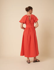 Red Linen Puff Sleeve Tiana Midi Dress