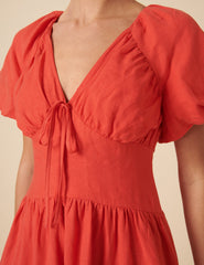 Red Linen Puff Sleeve Tiana Midi Dress