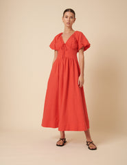 Red Linen Puff Sleeve Tiana Midi Dress