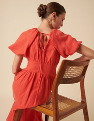 Red Linen Puff Sleeve Tiana Midi Dress