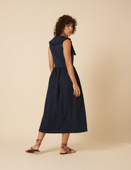 Navy Collared A-line Midi Dress