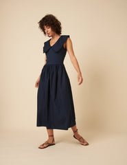 Navy Collared A-line Midi Dress