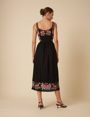 Black Floral Embroidered Serafina Midi Dress