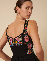 Black Floral Embroidered Serafina Midi Dress