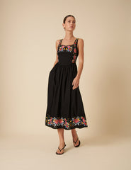 Black Floral Embroidered Serafina Midi Dress