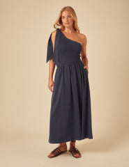Navy One Shoulder Shirred Midi Dress