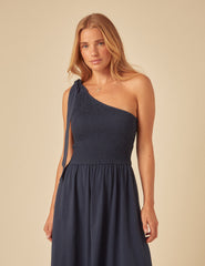 Navy One Shoulder Shirred Midi Dress