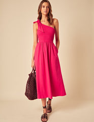 Pink One Shoulder Shirred Midi Dress