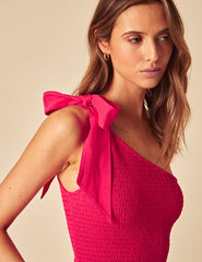 Pink One Shoulder Shirred Midi Dress