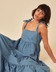 Blue Denim Tiered Midi Smock Dress