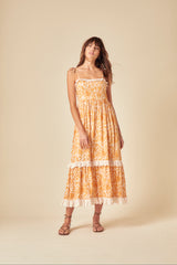 Yellow Paisley Print Tiered Ray Midi Dress