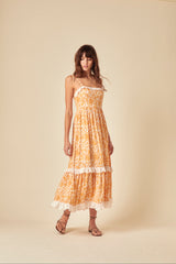 Yellow Paisley Print Tiered Ray Midi Dress