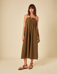 Green Tie Front Aspen Midi Smock Dress