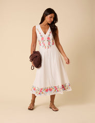 White Floral Embroidered Terra Midi Dress