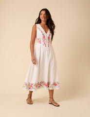 White Floral Embroidered Terra Midi Dress