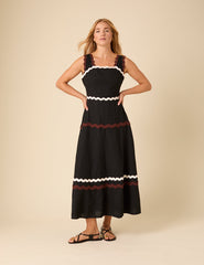 Black Linen-blend Contrast Trim Acacia Midi Dress