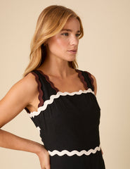 Black Linen-blend Contrast Trim Acacia Midi Dress