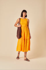 Yellow Ruched Tiered Blossom Midi Dress