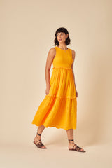 Yellow Ruched Tiered Blossom Midi Dress