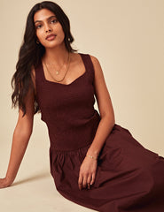 Brown Ruched Drop Waist Thalia Midi Dress