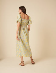 Yellow Ditsy Floral Puff Sleeve Kurtis Midi Dress