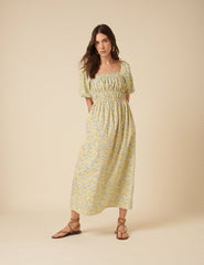 Yellow Ditsy Floral Puff Sleeve Kurtis Midi Dress