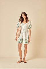 White Puff Sleeve Embroidered Beatrix Mini Dress