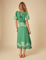 Green Linen-blend Floral Embroidered Nicky Midi Dress