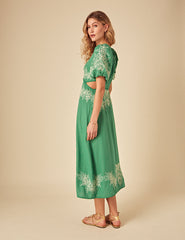 Green Linen-blend Floral Embroidered Nicky Midi Dress