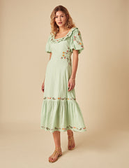 Elizabeth Scarlett Mint Green Floral Embroidered Asher Midi Dress