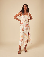 Elizabeth Scarlett White Linen-blend Shell Print Maddy Midi Dress