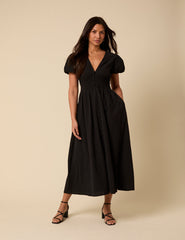 Black Puff Sleeve Abigail Midi Dress
