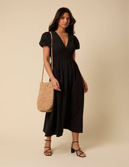 Black Puff Sleeve Abigail Midi Dress