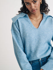 Blue V-neck Collared Knitted Jumper