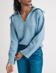 Blue V-neck Collared Knitted Jumper