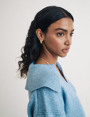 Blue V-neck Collared Knitted Jumper