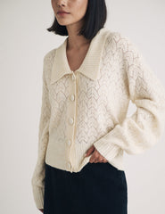 Cream Collar Pointelle Wool Blend Knitted Cardigan