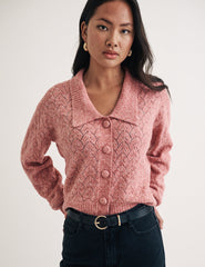 Pink Collar Pointelle Wool Blend Knitted Cardigan