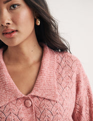 Pink Collar Pointelle Wool Blend Knitted Cardigan