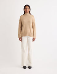 Beige Funnel Neck Longline Knitted Jumper