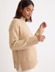 Beige Funnel Neck Longline Knitted Jumper