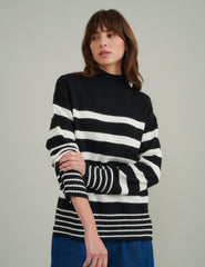 Black Stripe Funnel Neck Longline Knitted Jumper