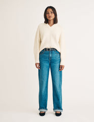 Cream V-neck Wool Blend Knitted Jumper