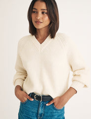 Cream V-neck Wool Blend Knitted Jumper
