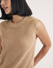 Beige Crew Neck Ribbed Vest