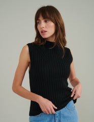 Black Funnel Neck Rib Wool Blend Knitted Vest