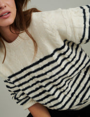 Cream and Black Striped Cable Knitted Jumper
