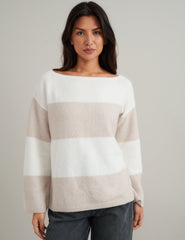 White And Beige Chunky Striped Knitted Jumper