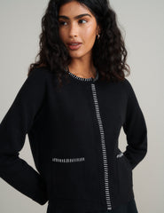 Black Blanket Stitch Crew Neck Cardigan